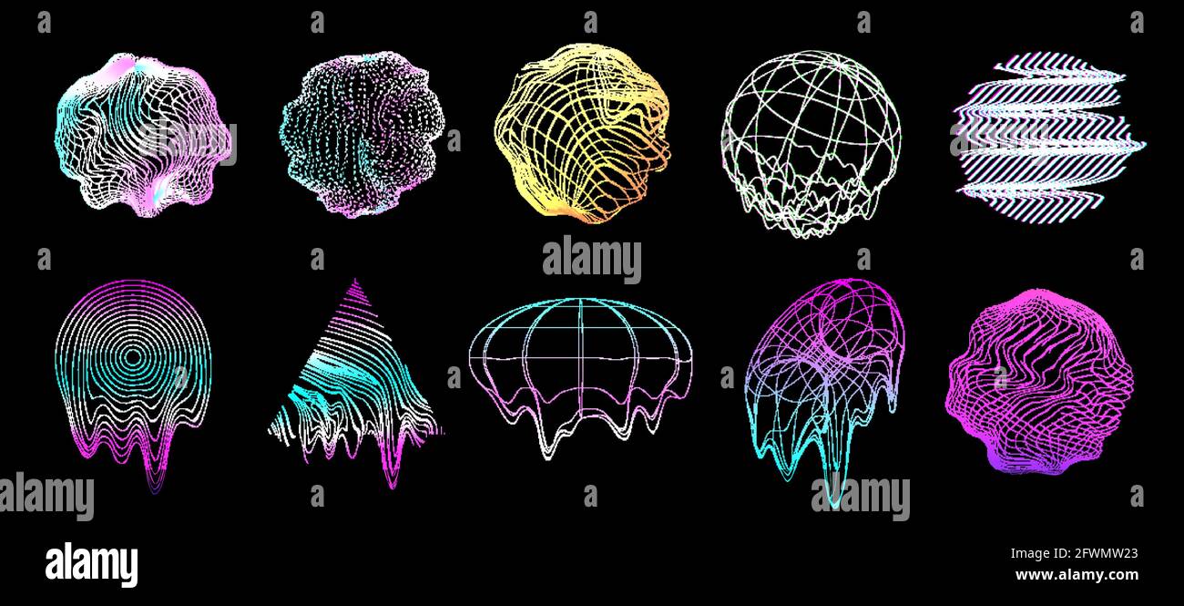 Design futuriste dans les années 80-90. Formes circulaires avec un ensemble de liquide et de liquide. Onde de Vaporographique lumineuse, onde synthonde. Memphis formes Illustration de Vecteur