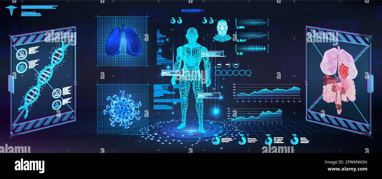 Examen futuriste du corps humain avec une interface HUD. Soins de santé  modernes recherche sur la santé humaine, radiographie polygonale de  l'hologramme du corps humain. INTERFACE GRAPHIQUE Image Vectorielle Stock -  Alamy