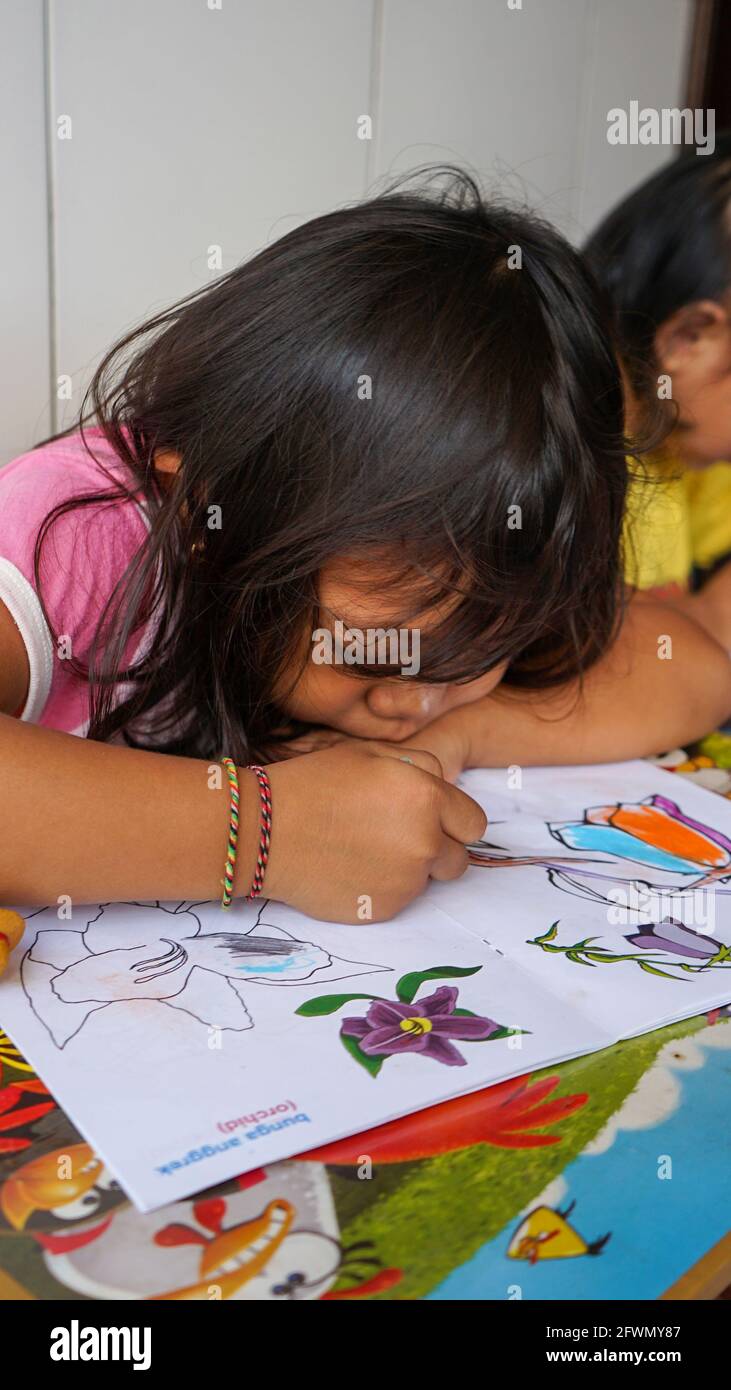 Gros plan des enfants qui apprennent à colorer des images Banque D'Images