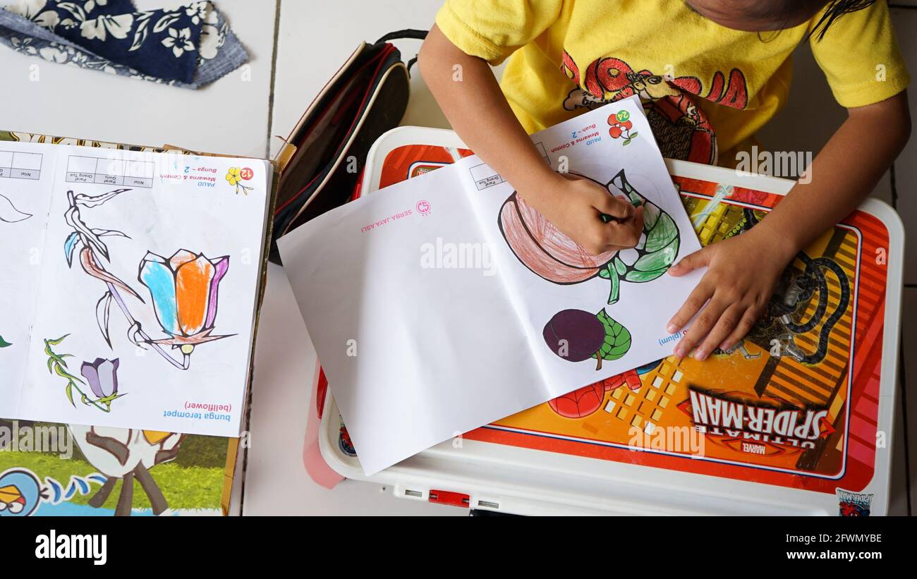 Gros plan des enfants qui apprennent à colorer des images Banque D'Images