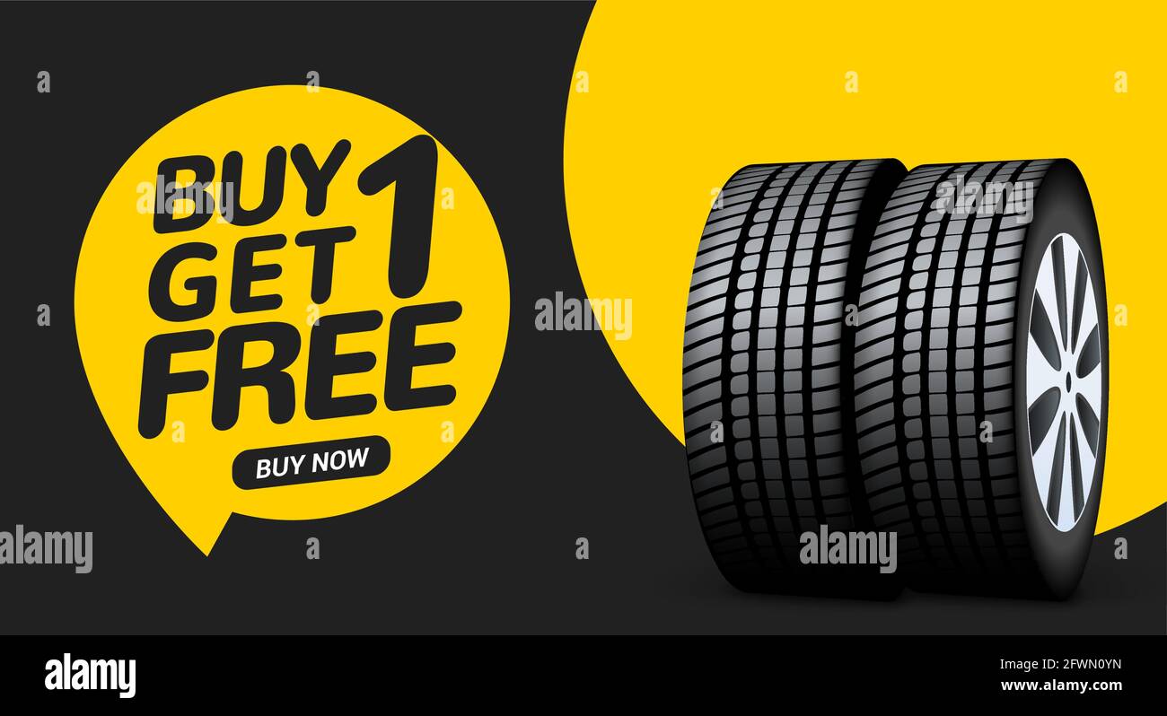 Bannière de vente de pneus de voiture, achetez-en 1 et obtenez-en 1  gratuitement. Contexte de la promotion de la circulaire sur les pneus de  voiture. Publicité sur la vente de pneus Image