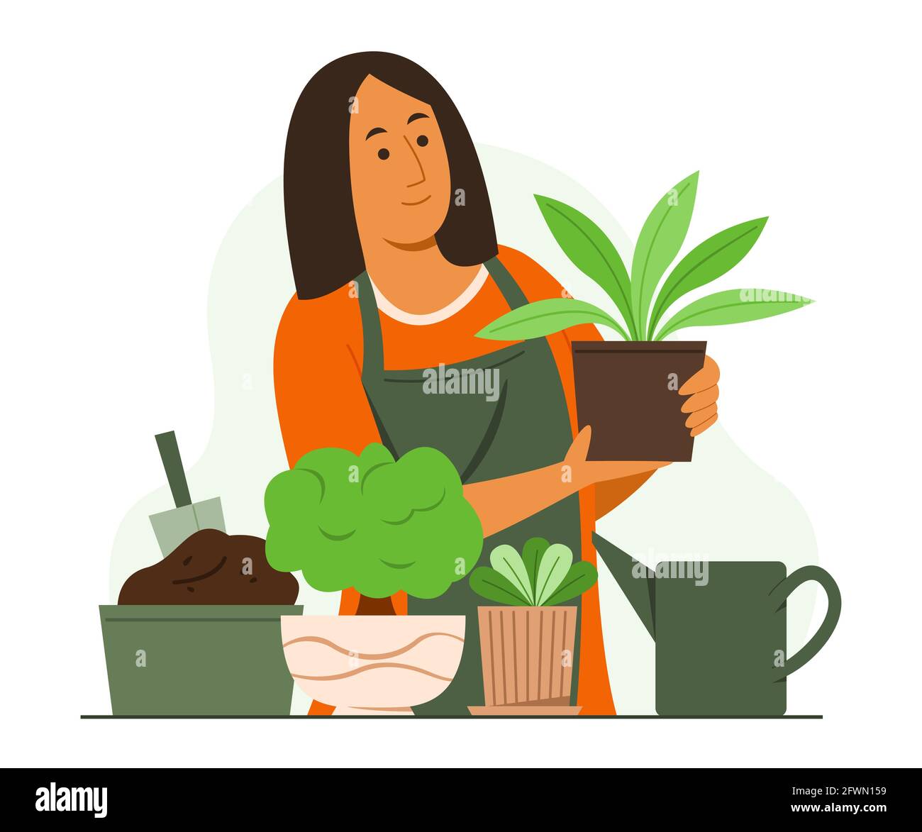 Femme aimez l'activité de jardinage avec les plantes dans le jardin. Illustration de Vecteur