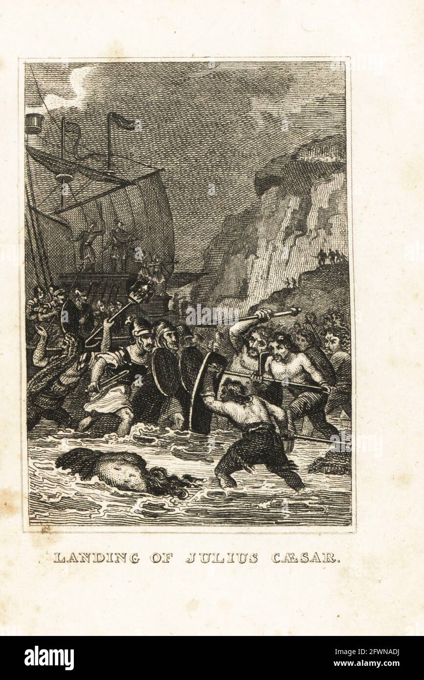 Jules César et deux légions romaines envahissent la Grande-Bretagne à Deal, Kent, 55BC. Les centurions romains affrontent les Britanniques dans les vagues. Atterrissage de Jules César en Angleterre. Gravure sur plaque de coperplate de l'histoire de l'Angleterre de M. A. Jones de Julius Caesar à George IV, G. Virtue, 26 Ivy Lane, Londres, 1836. Banque D'Images