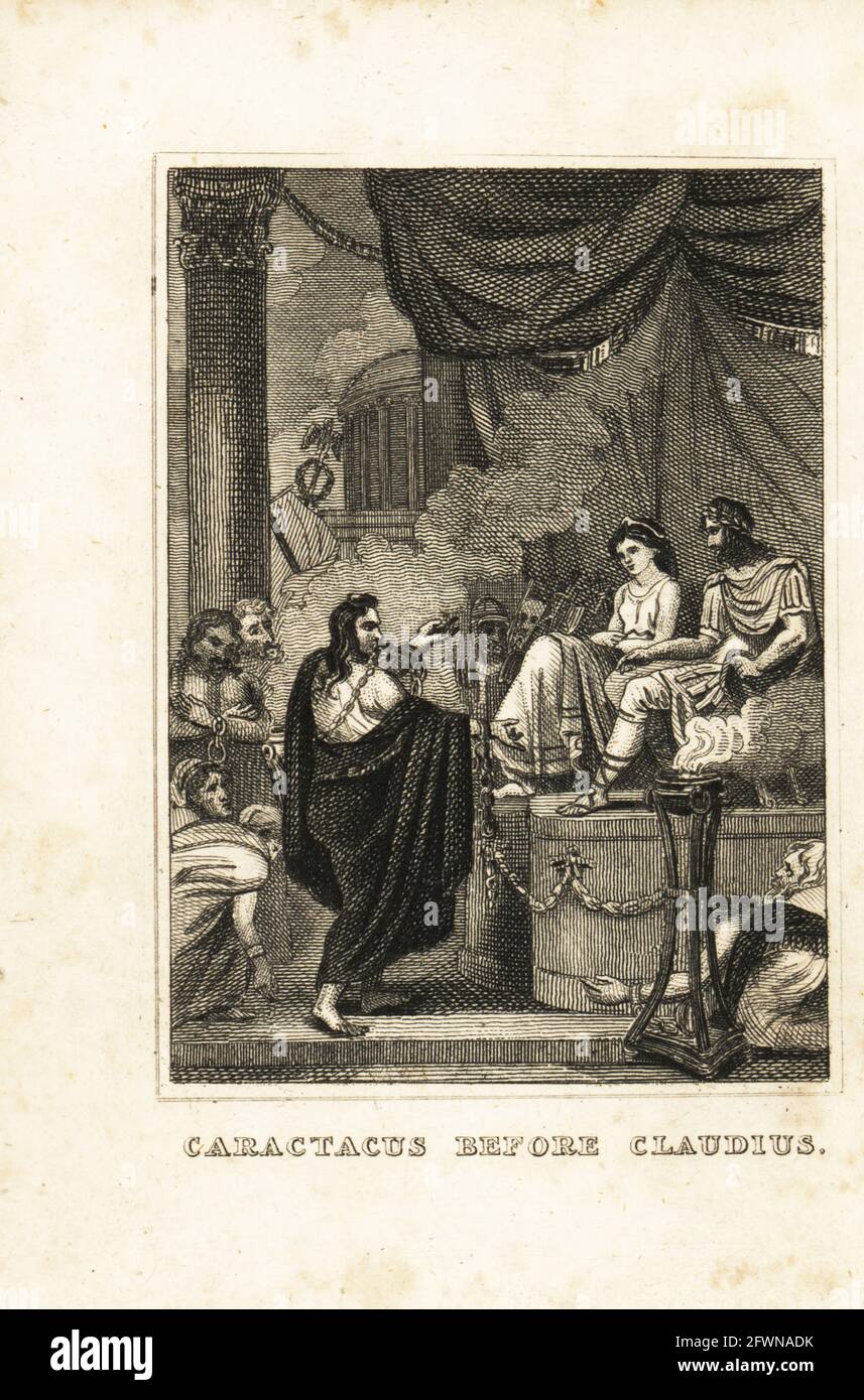 Caratacus, chef britannique captif de la tribu Catuvellauni, parlant en chaîne devant l'empereur Claudius (10BC-54AD) au Sénat romain. Caractacus avant Claudius. Gravure sur plaque de coperplate de l'histoire de l'Angleterre de M. A. Jones de Julius Caesar à George IV, G. Virtue, 26 Ivy Lane, Londres, 1836. Banque D'Images