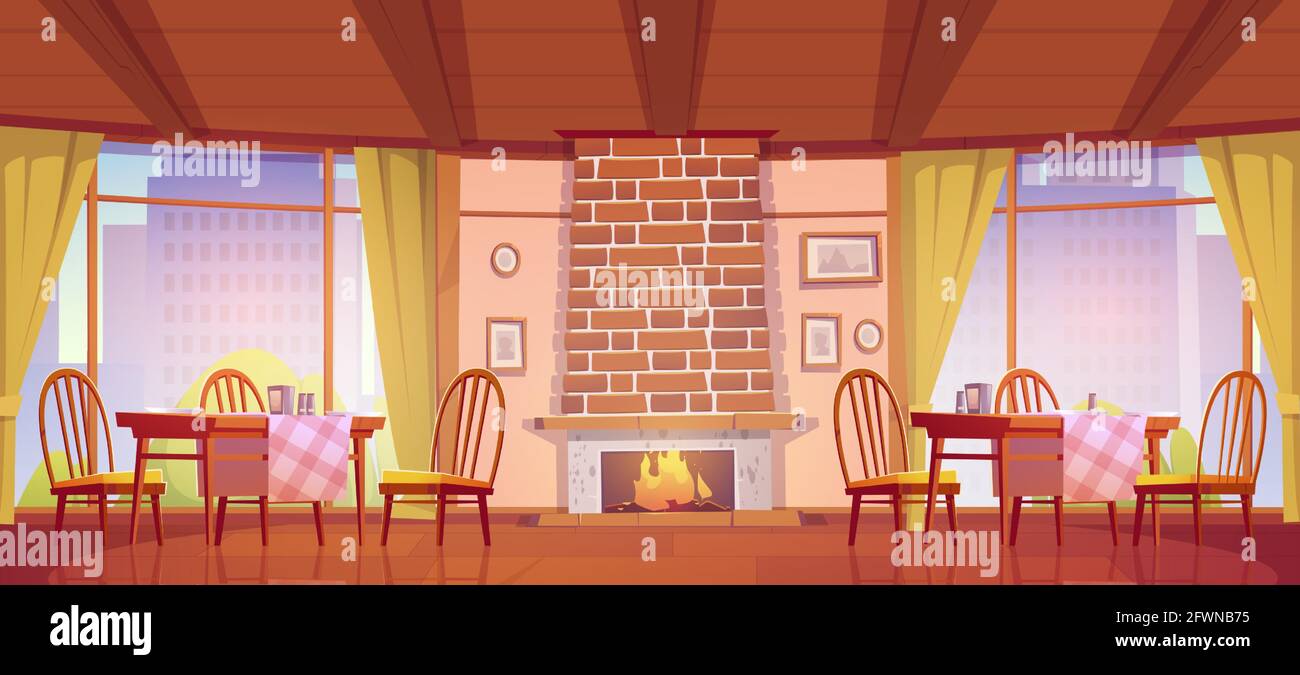 Café ou restaurant confortable avec cheminée et fenêtres avec vue sur la ville. Intérieur de la cafétéria à dessin animé vectoriel avec meubles en bois, table, chaises et cheminée en briques avec flamme Illustration de Vecteur