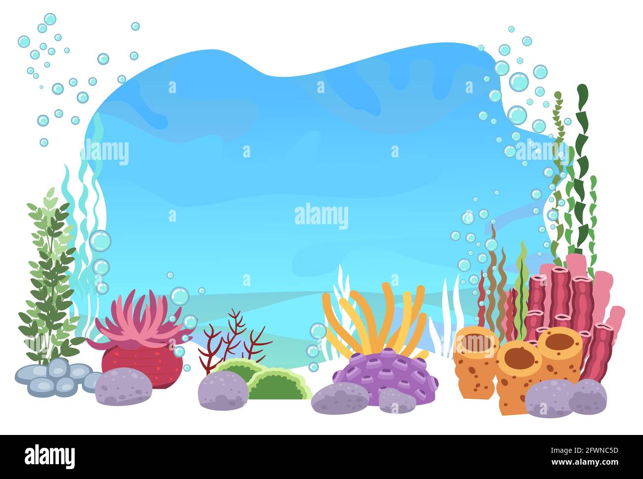 Le fond du réservoir avec du poisson. Eau bleue. Océan de mer. Paysage sous-marin avec des animaux, des plantes, des algues et des coraux. Illustration en dessin animé Illustration de Vecteur
