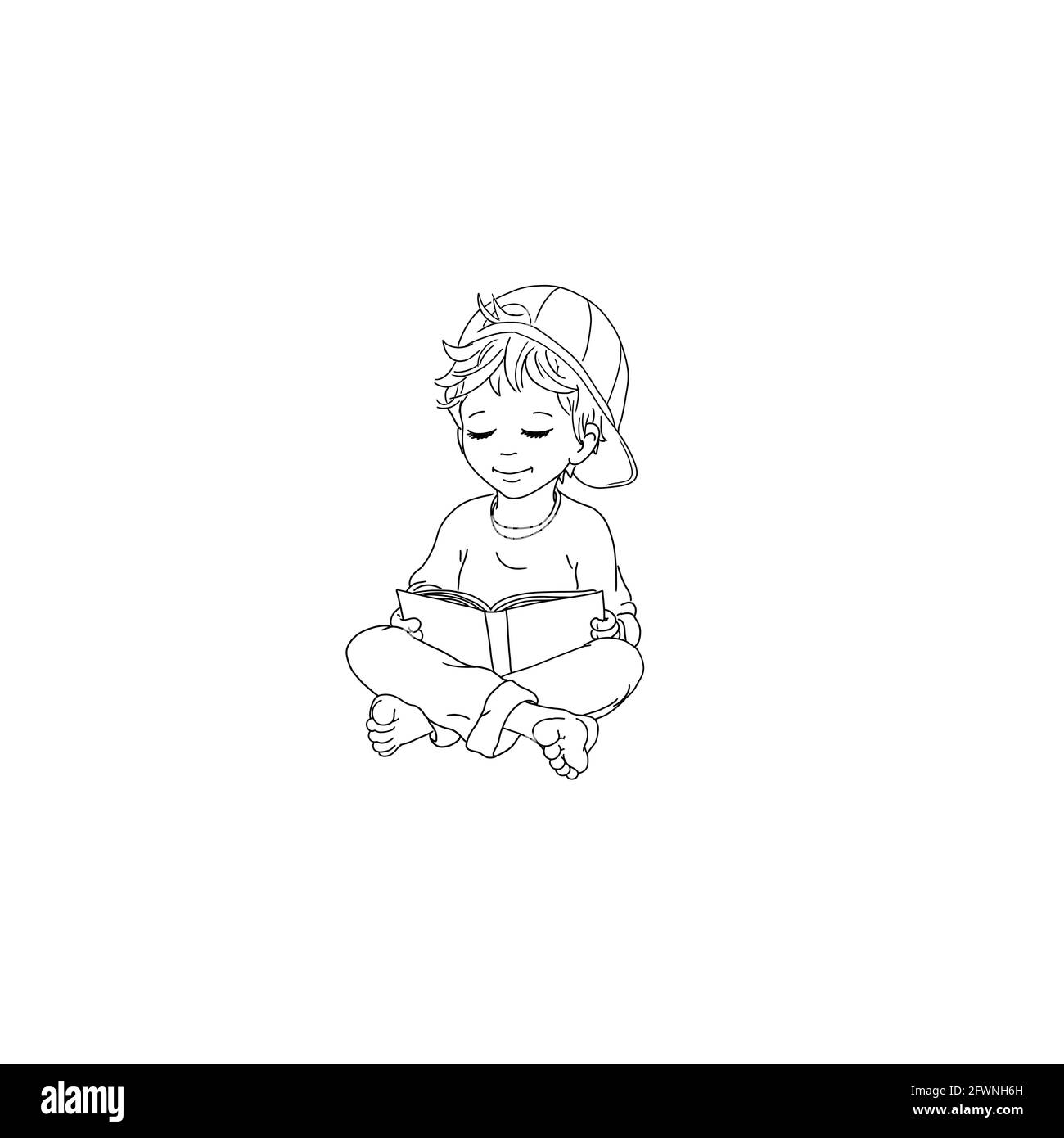 Garçon tout-petit enfant s'asseoir sourire pieds nus étudiant adolescent rire lire livre joie école loisirs éducation modèle d'entreprise concentration amicale Banque D'Images