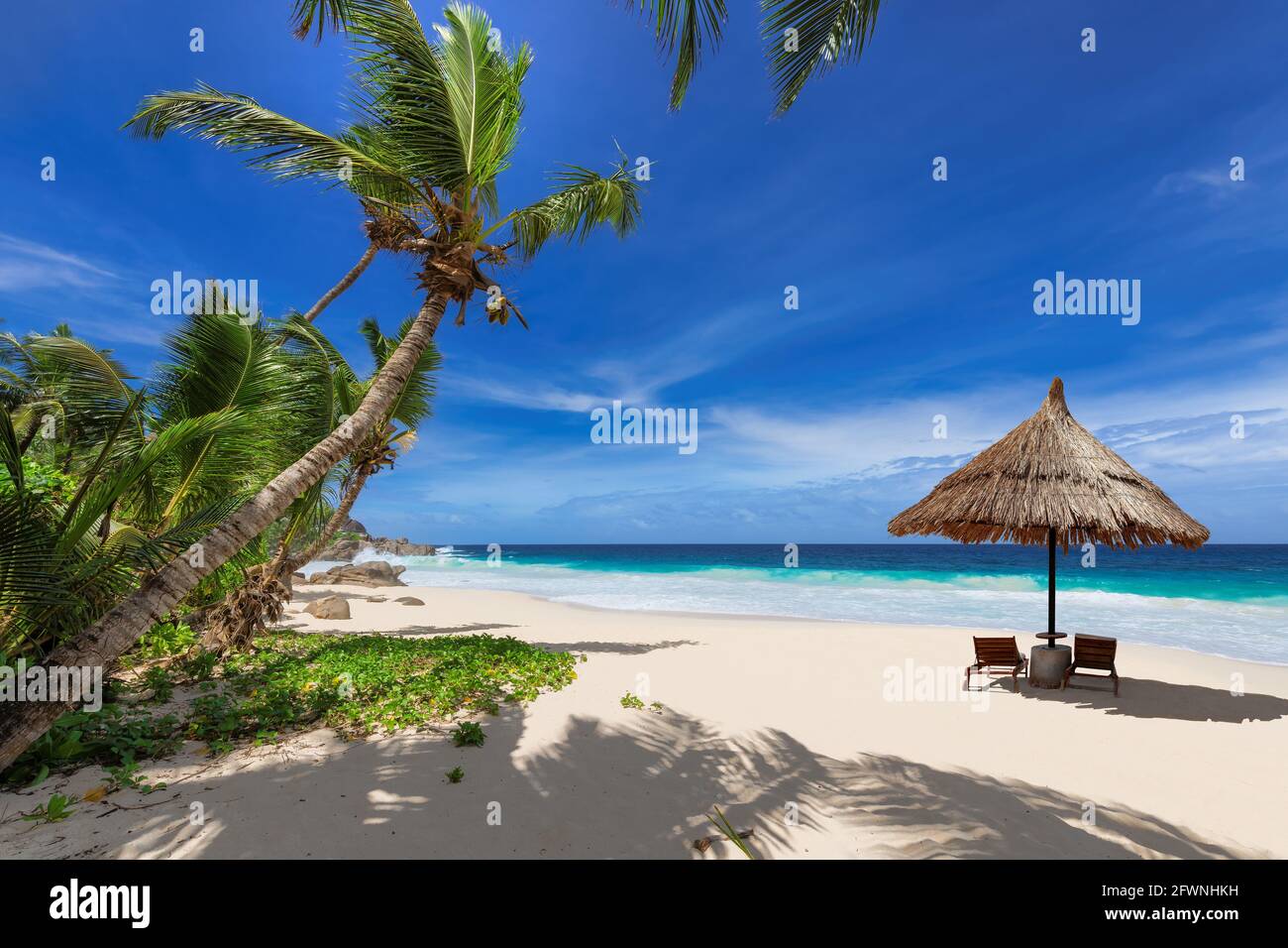 Plage ensoleillée coco palmiers, parapluie, mer tropicale dans les Caraïbes. Banque D'Images