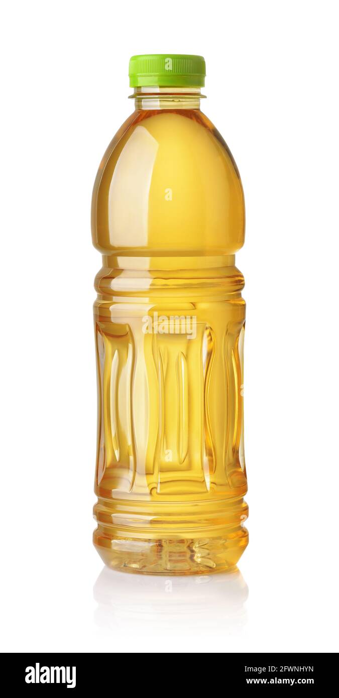 Vue avant de la bouteille en plastique de jus de pomme isolée sur blanc Banque D'Images