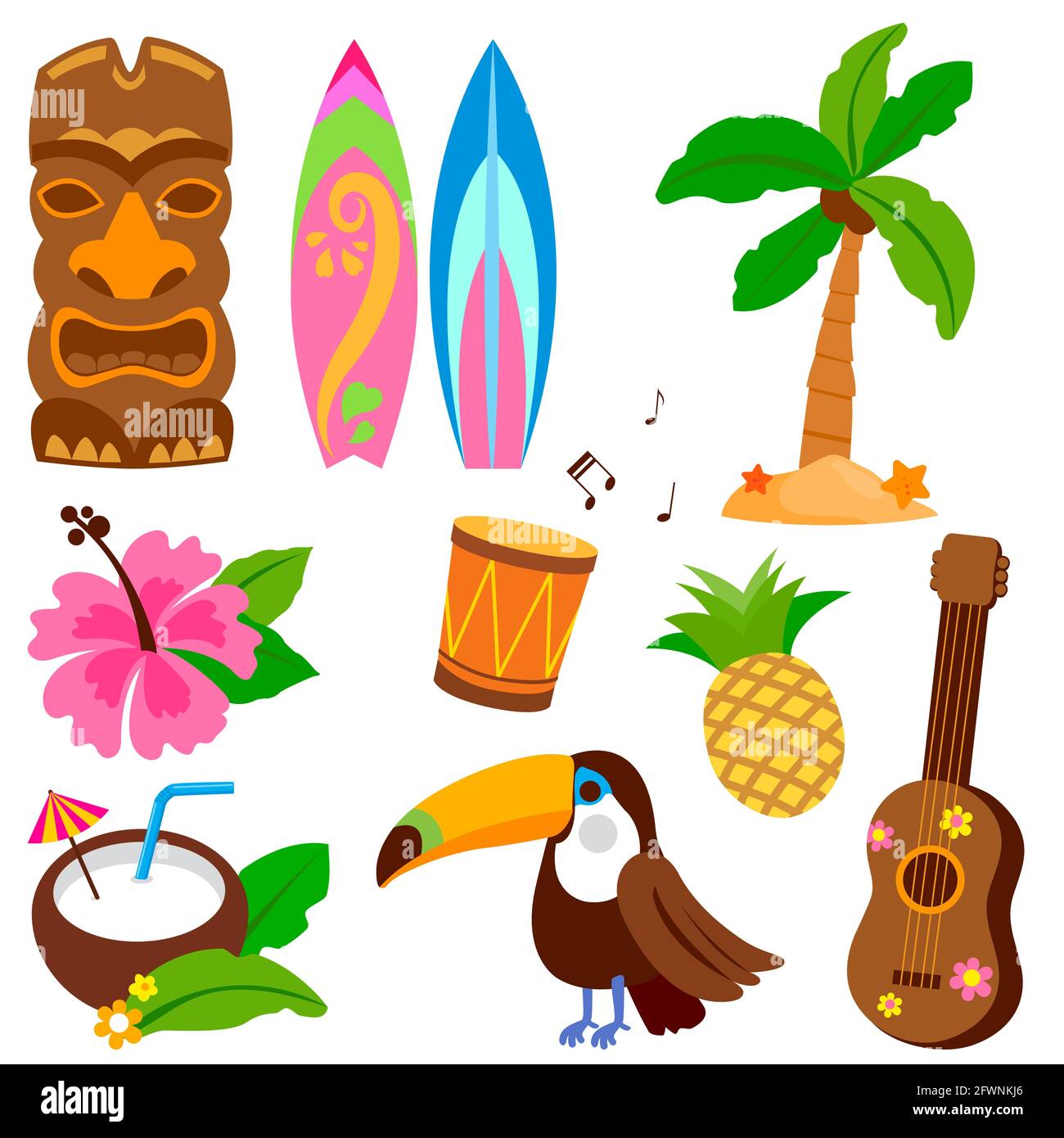 Collection hawaïenne d'objets d'été comprenant un oiseau toucan, un masque tiki et d'autres éléments de conception de vacances. Banque D'Images