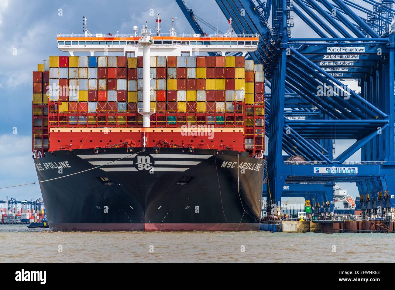 MSC Apolline Container Ship amarré au port de Felixstowe lors de son premier voyage. MSC, Mediterranean Shipping Company, est la société suisse HQ'd est 1970. Banque D'Images