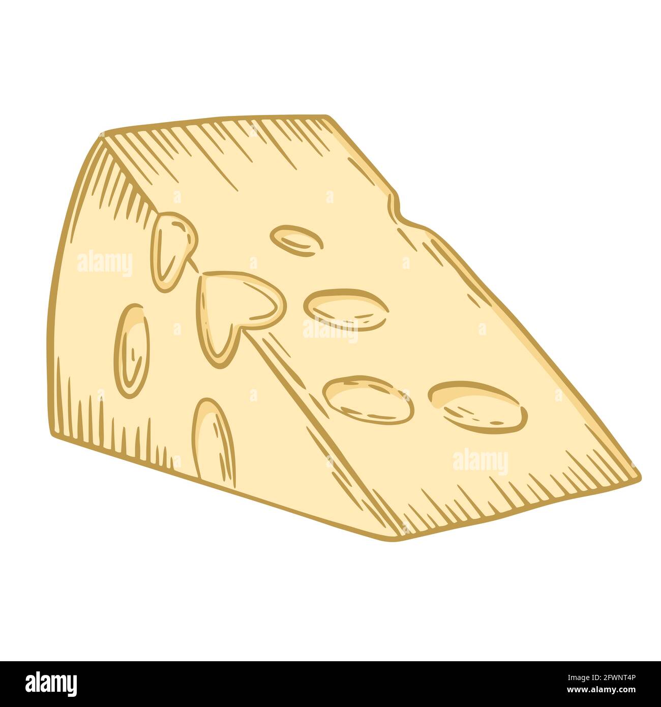 Un morceau de fromage Maasdam. Vecteur. Fromage avec trous. Pièce rectangulaire, partie d'une tête de fromage. Dessin à la main. Produit laitier jaune vif. Illustration de Vecteur