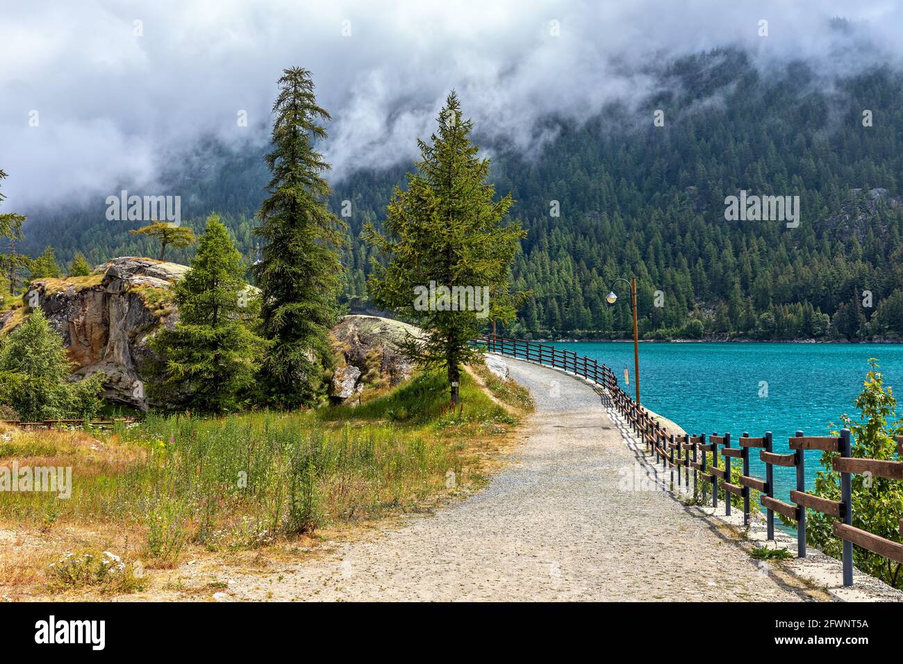 Sentier étroit le long du Lago di Ceresole et arbres verts dans le Piémont, dans le nord de l'Italie. Banque D'Images