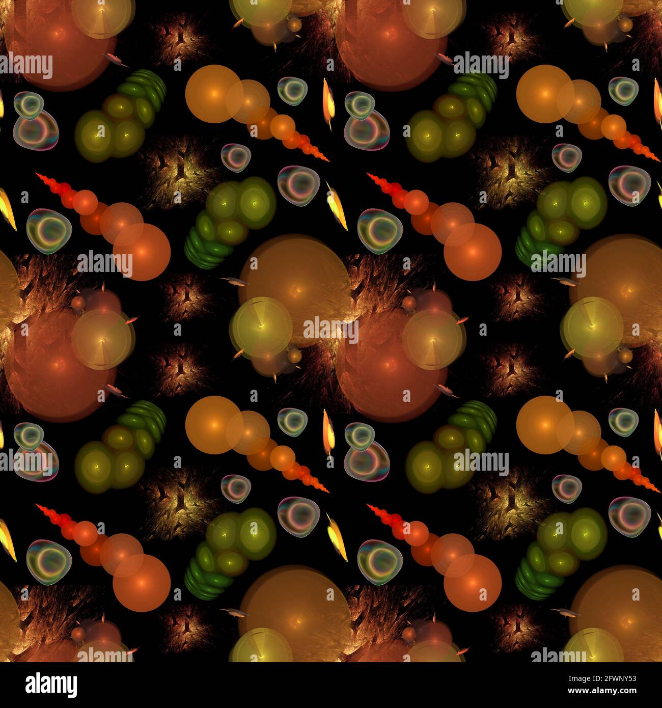 Motif fractal sans couture avec différentes formes cosmiques sur fond noir Banque D'Images