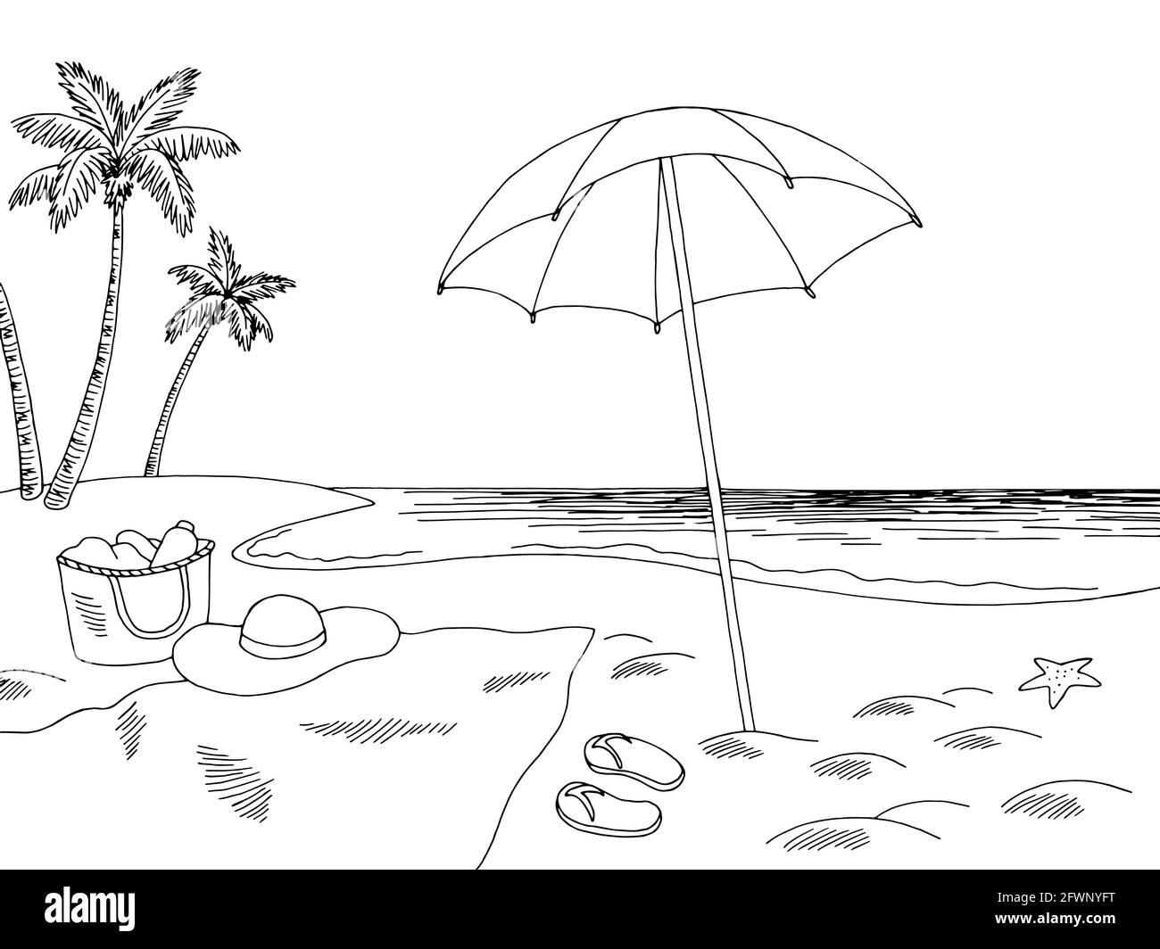 Sea Coast Beach graphique noir blanc paysage esquisse illustration vecteur Illustration de Vecteur