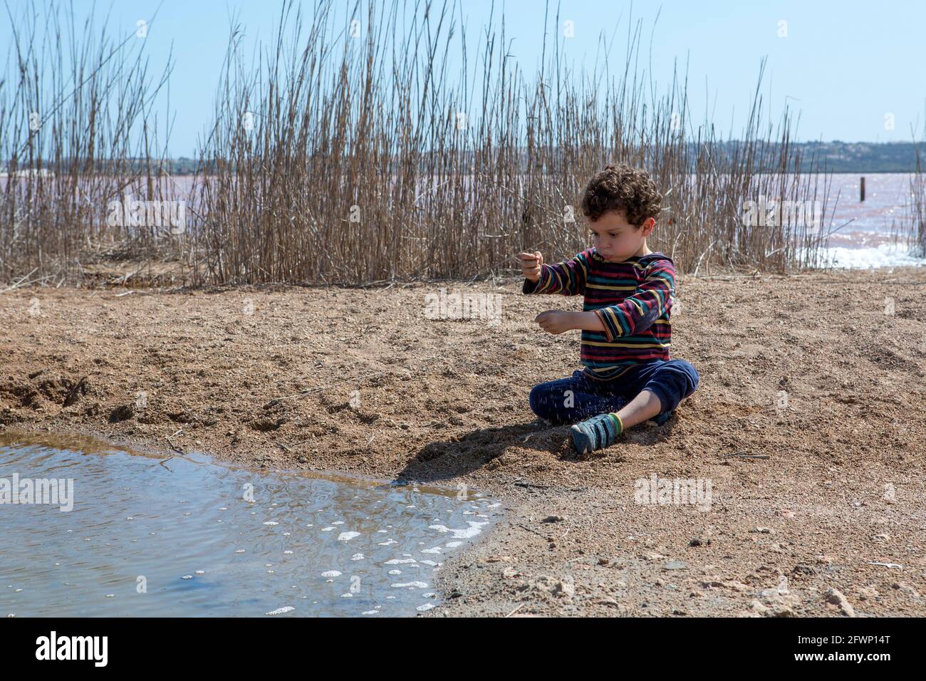 Petit garçon de 4-5 ans caucasien avec des cheveux bouclés, jouant avec le sable au bord de l'étang le jour ensoleillé avec une chemise à rayures colorées Banque D'Images