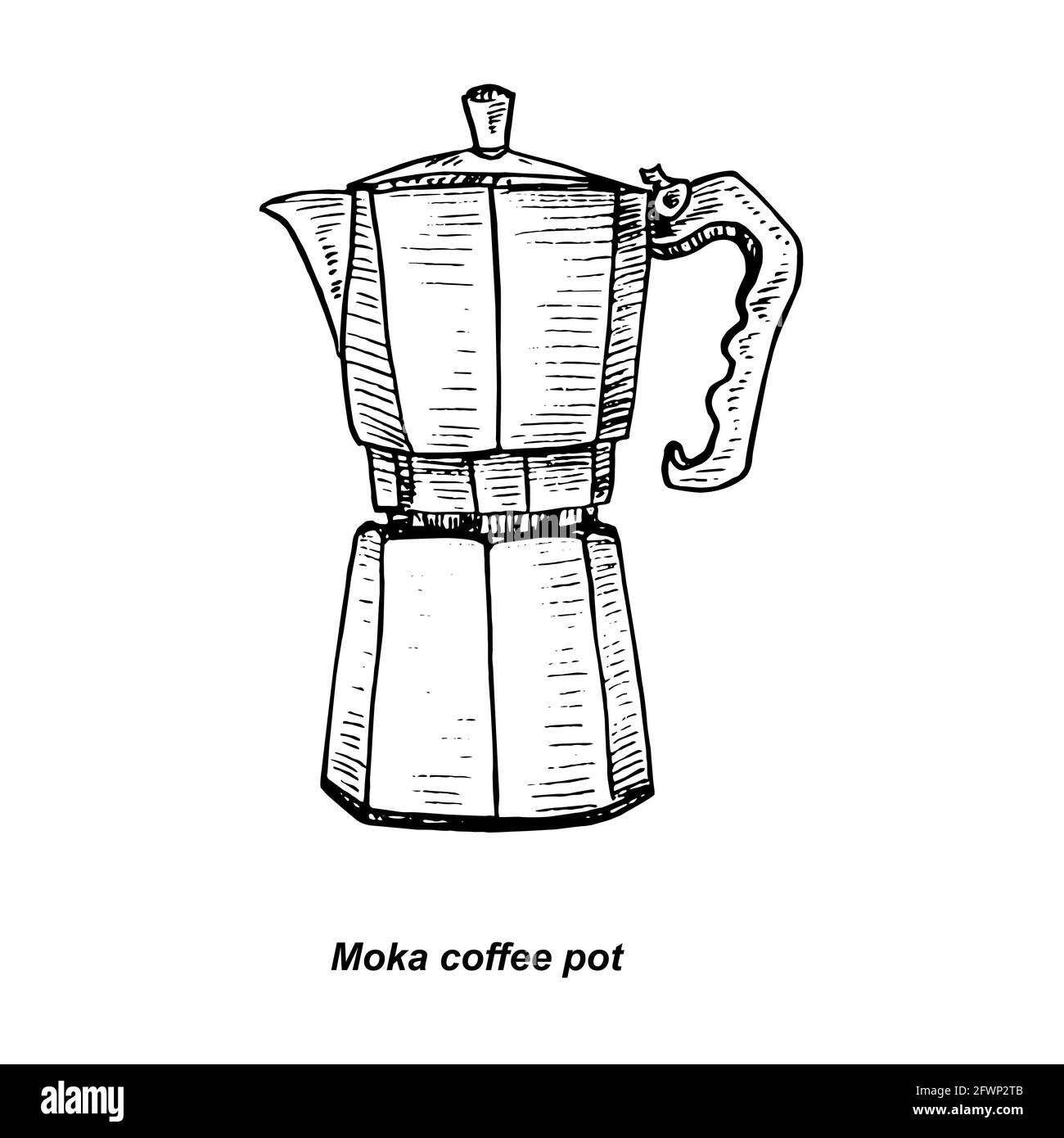 Pot à café Moka, illustration de dessin à l'encre de style gravire avec inscription manuscrite Banque D'Images