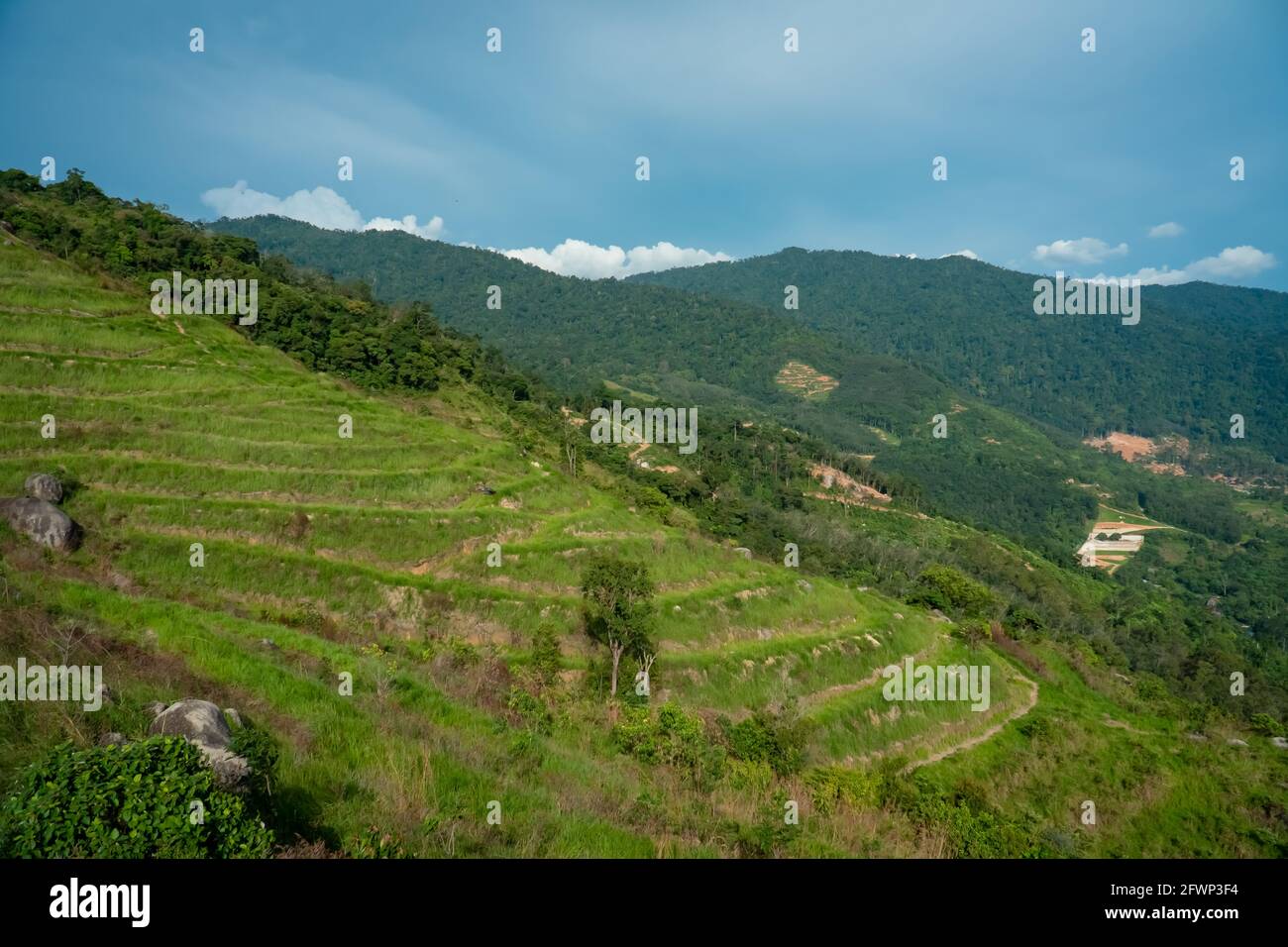 Magnifique paysage de montagnes avec herbe verte bleu ciel pierre. Vue d'été sur la vallée de Broga Hill, Malaisie Banque D'Images