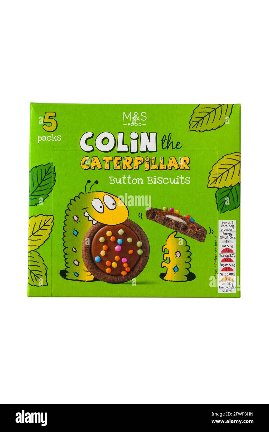 Boîte de biscuits Colin The Caterpillar Button de M&S isolés sur fond blanc Banque D'Images