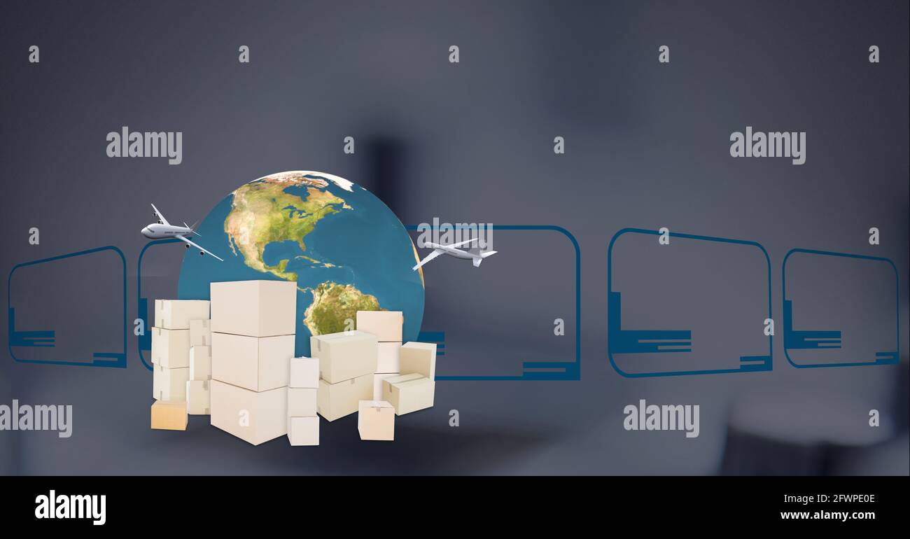 Composition d'avions, de globe et de boîtes en carton sur écrans numériques Banque D'Images