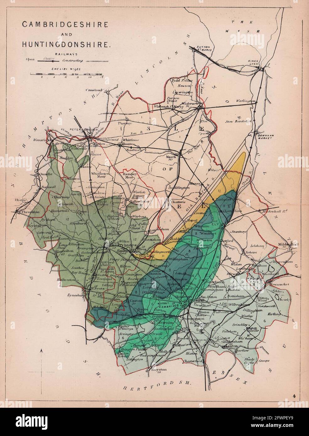 CAMBRIDGESHIRE & HUNTINGDONSHIRE carte ancienne du comté géologique. REYNOLDS 1864 Banque D'Images