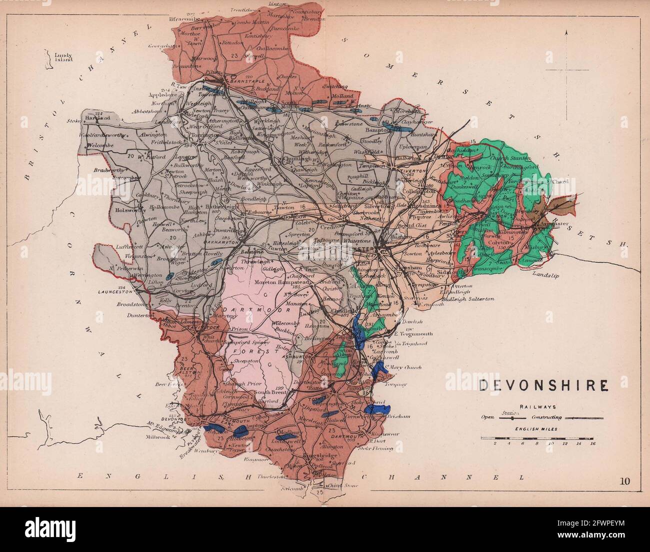 DEVON. Carte du comté géologique antique du Devonshire par James Reynolds 1864 Banque D'Images