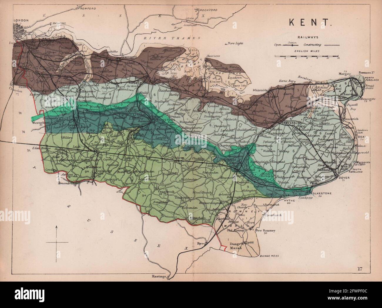 KENT carte géologique antique de comté par James Reynolds 1864 Banque D'Images
