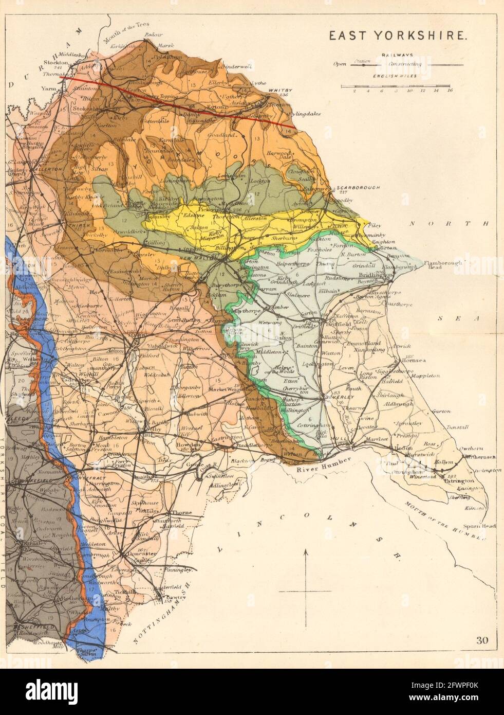 CARTE DU comté géologique antique DU YORKSHIRE DE L'EST par James Reynolds 1864 Banque D'Images