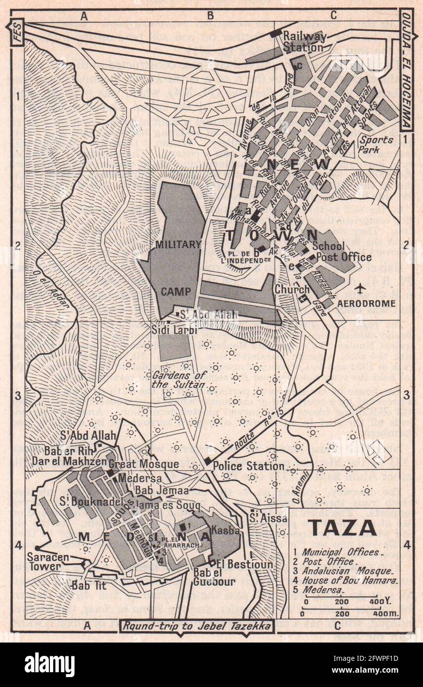 Plan touristique de la ville d'époque de Taza. Maroc 1966 carte ancienne Banque D'Images