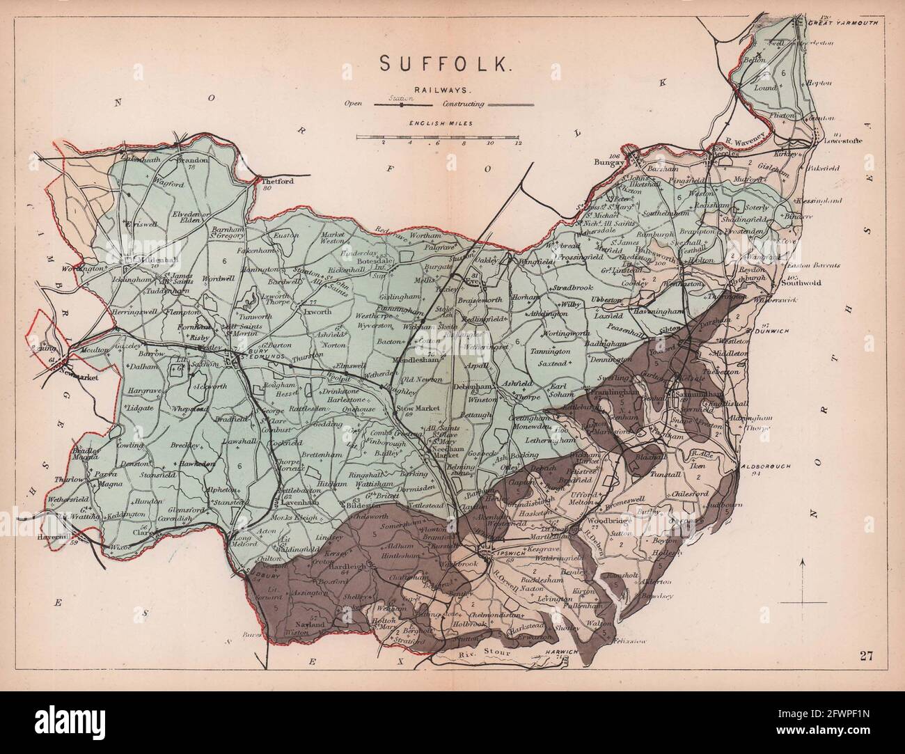 CARTE géologique du comté antique DE SUFFOLK par James Reynolds 1864 Banque D'Images
