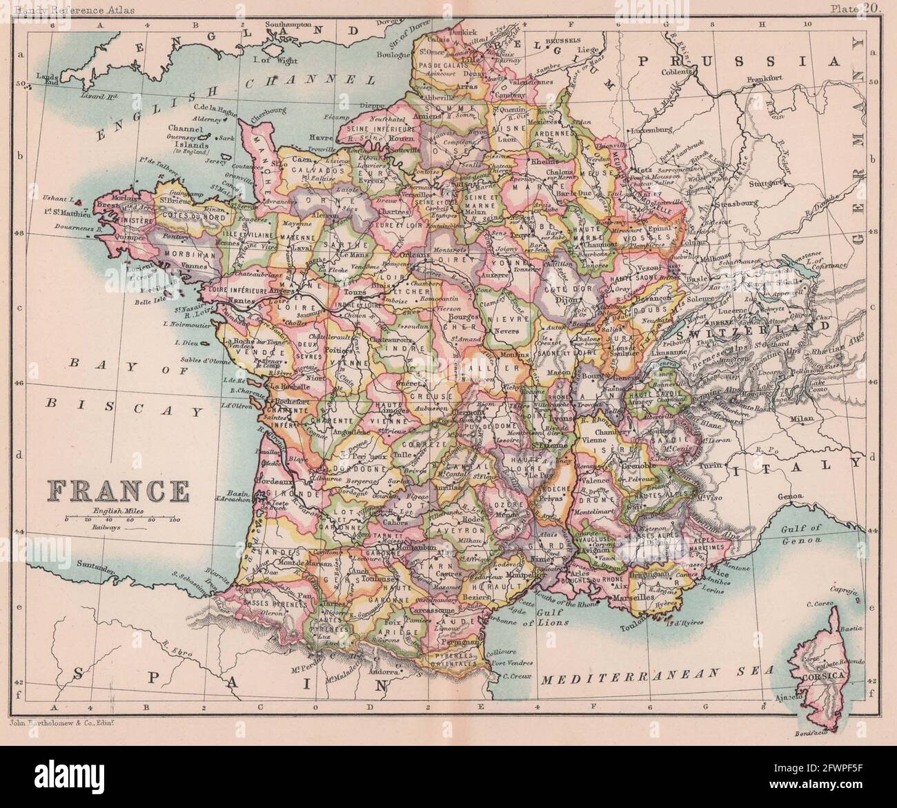 France dans les départements. BARTHOLOMEW 1893 carte ancienne de plan d'époque Banque D'Images