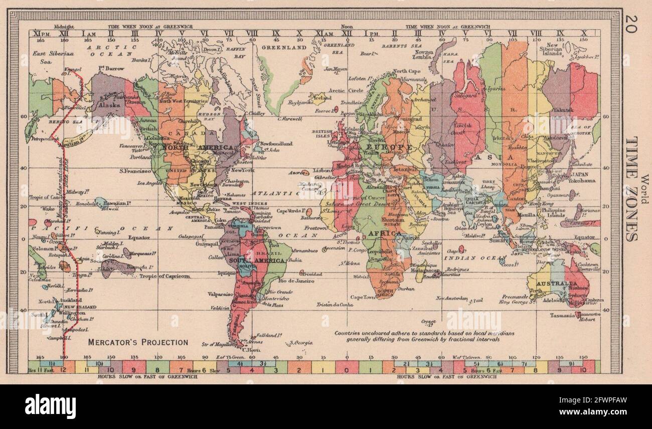 Fuseaux horaires mondiaux. BARTHOLOMEW 1949 carte ancienne carte plan graphique Banque D'Images