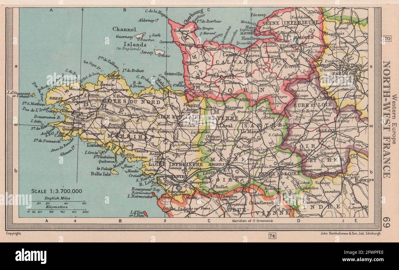 Nord-Ouest de la France. Britanny Normandie Maine Touraine. BARTHOLOMEW 1949 vieille carte Banque D'Images