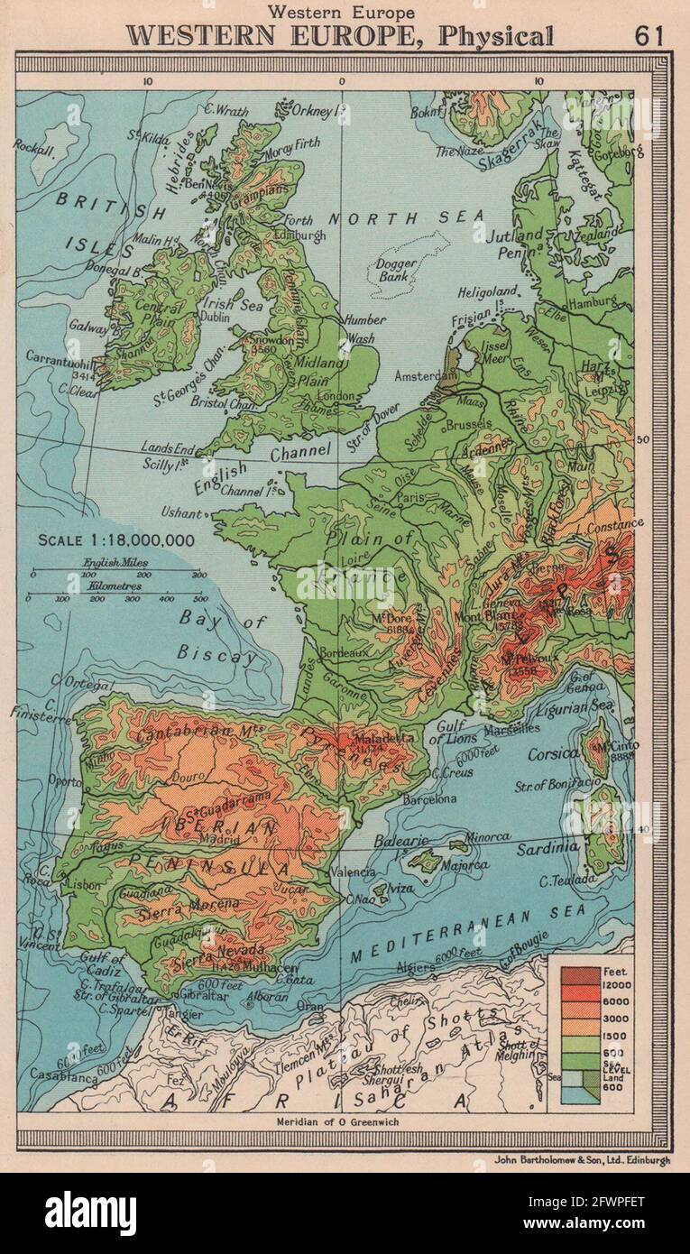 Europe de l'Ouest - physique. BARTHOLOMEW 1949 carte ancienne carte plan graphique Banque D'Images