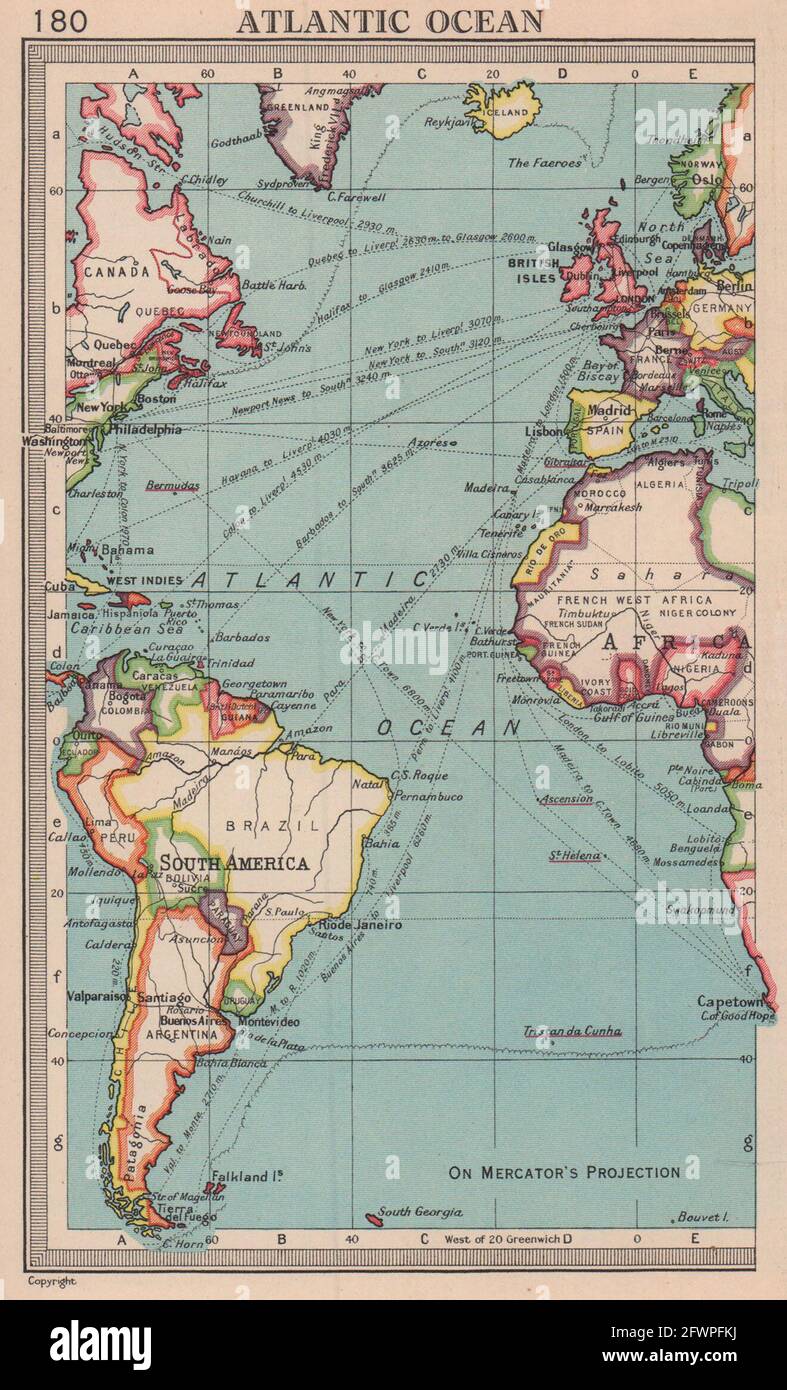 Routes commerciales de l'océan Atlantique. BARTHOLOMEW 1949 carte ancienne carte plan graphique Banque D'Images