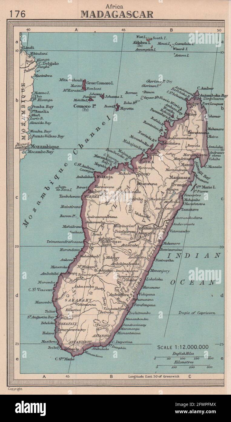 Madagascar. BARTHOLOMEW 1949 carte ancienne carte plan graphique Banque D'Images