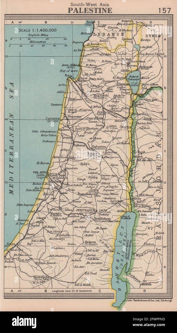 Palestine. Israël Transjordan. BARTHOLOMEW 1949 carte ancienne carte plan graphique Banque D'Images