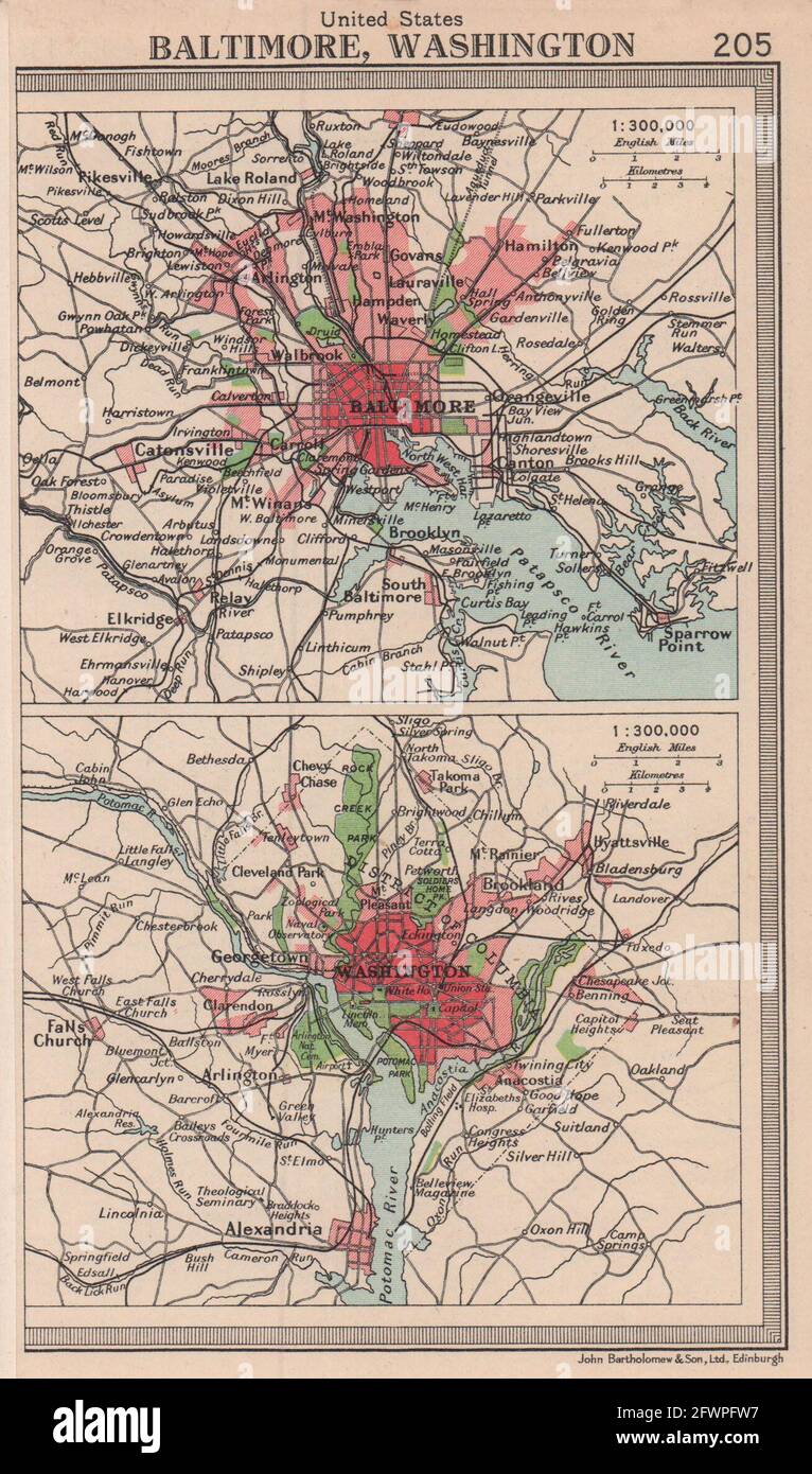 VILLES AMÉRICAINES. Environs de Baltimore et Washington DC. Maryland. BARTHOLOMEW 1949 carte Banque D'Images