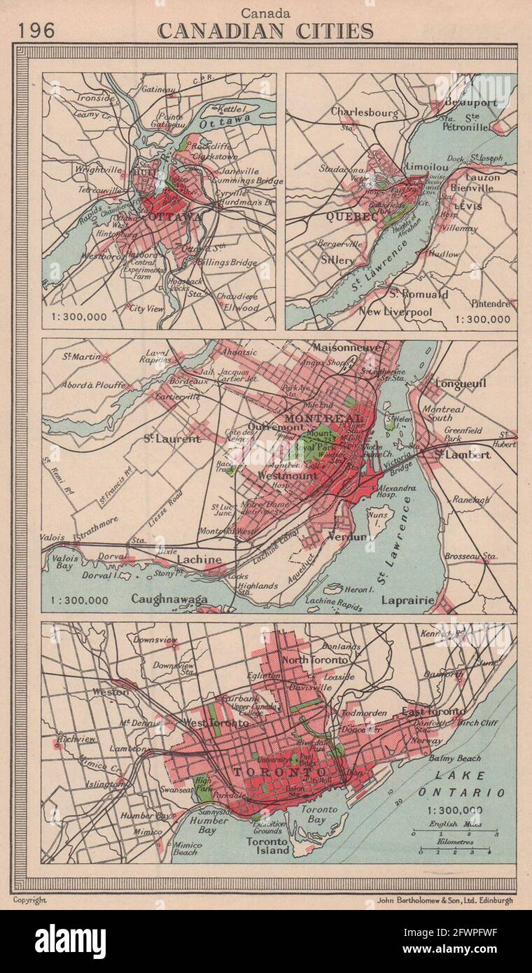 Villes canadiennes. Ottawa Québec Montréal Toronto. Canada. BARTHOLOMEW 1949 carte Banque D'Images