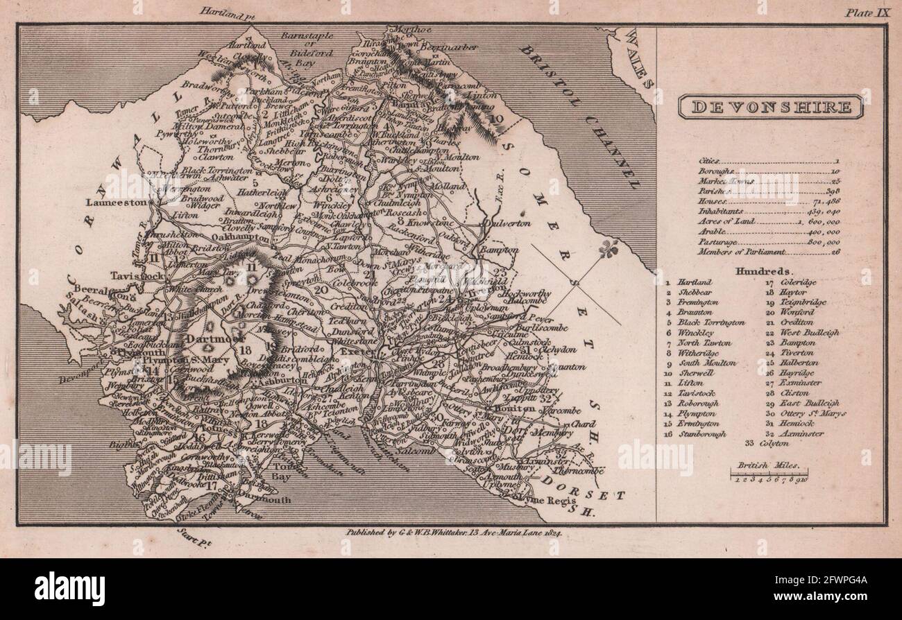 Carte du comté antique de Devonshire en copperplate par Benjamin Pitts Capper 1825 Banque D'Images