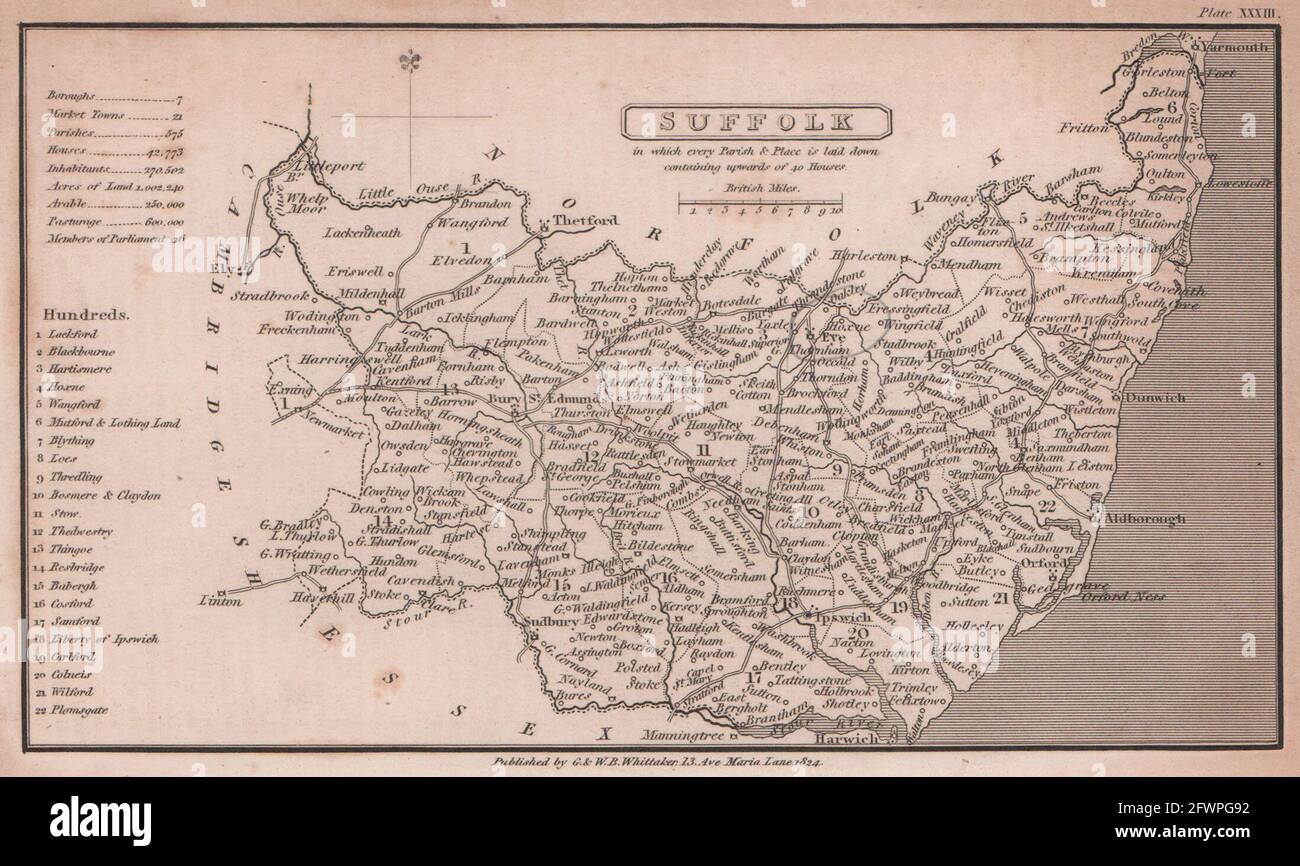 Carte du comté antique de Suffolk en copperplate par Benjamin Pitts Capper 1825 ancien Banque D'Images