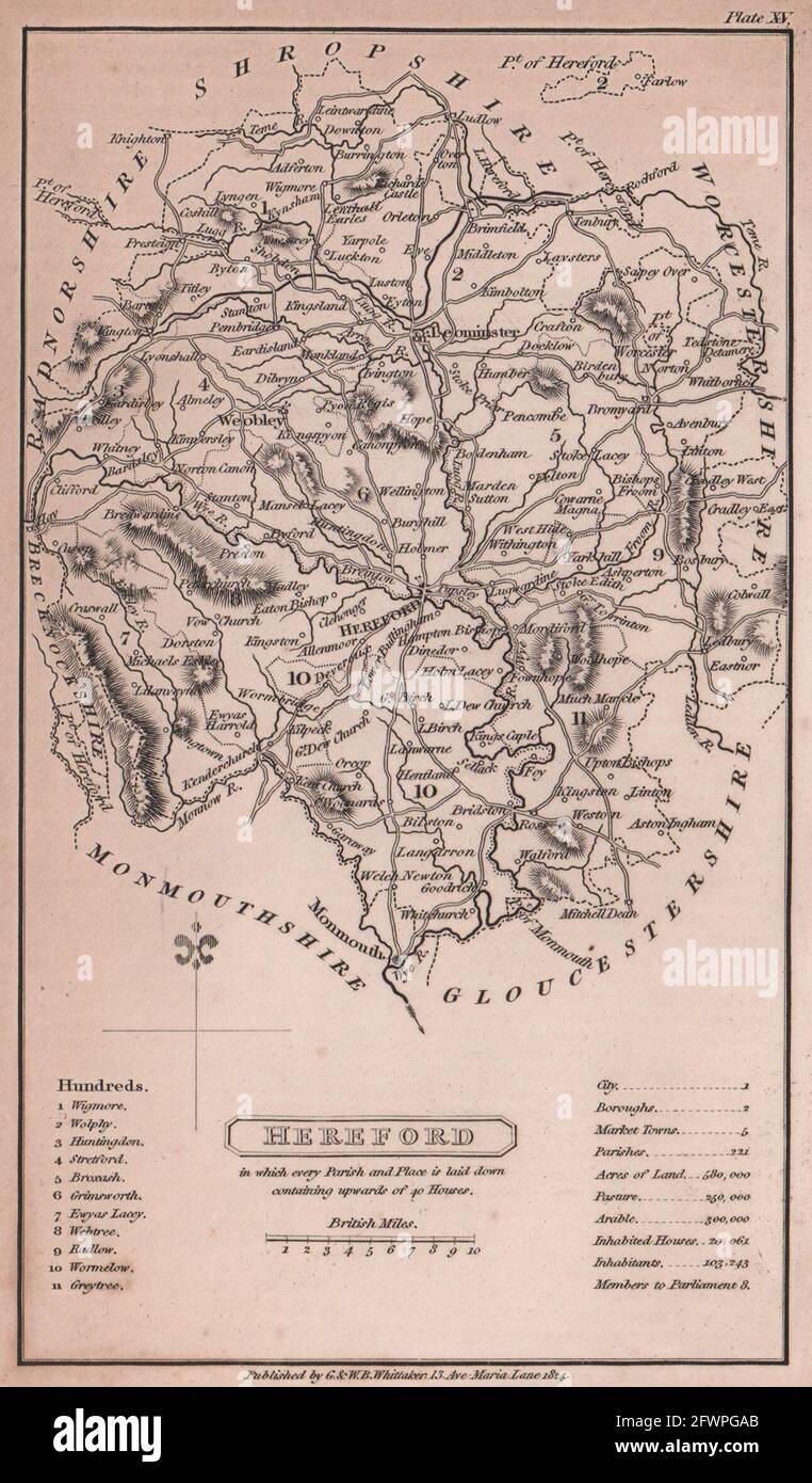 Herefordshire carte antique du comté de Copperplate par Benjamin Pitts Capper 1825 Banque D'Images
