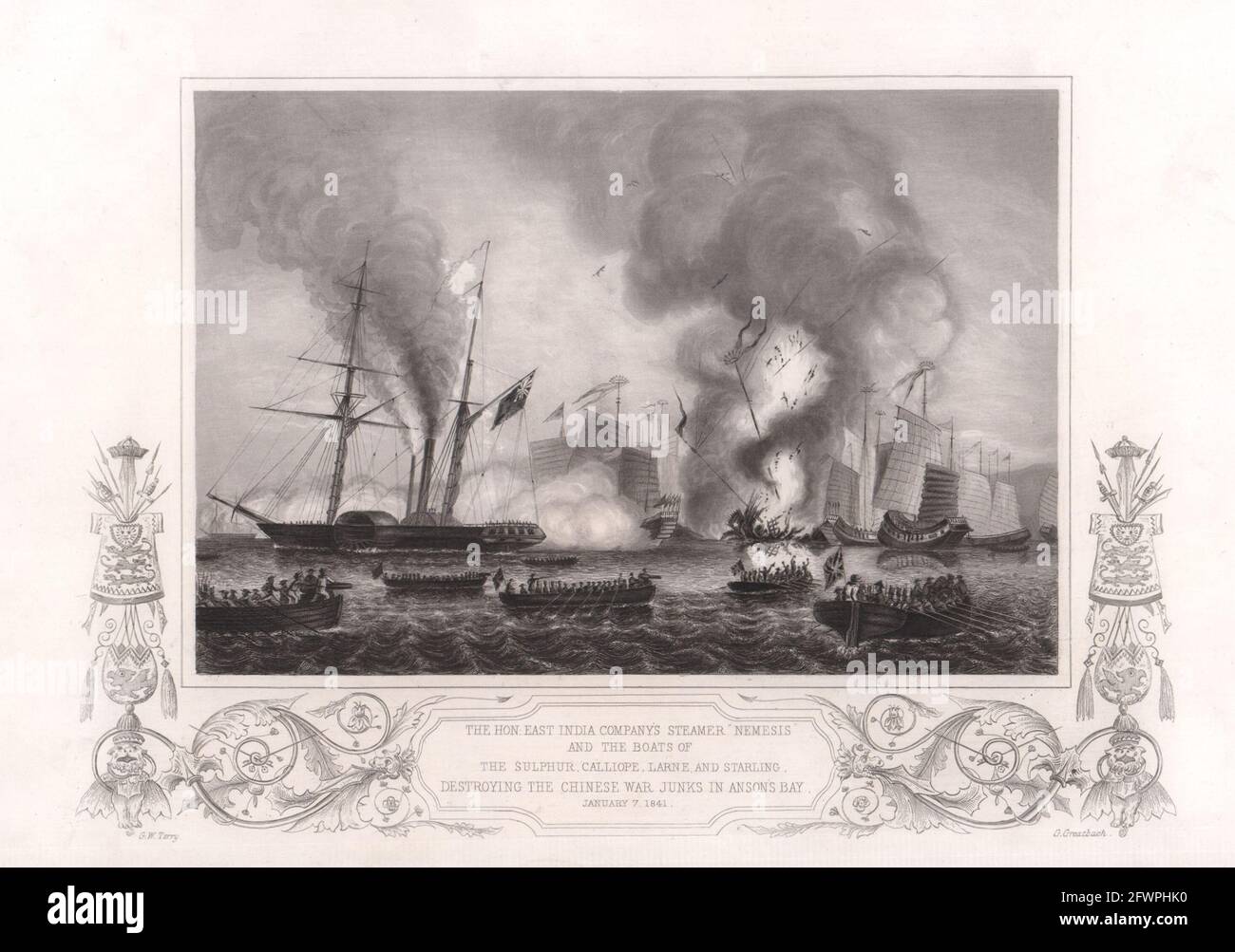 2ème bataille de Chuenpi Pearl River Delta 1ère Guerre de l'opium 1841 Nemesis. TALLIS c1855 Banque D'Images