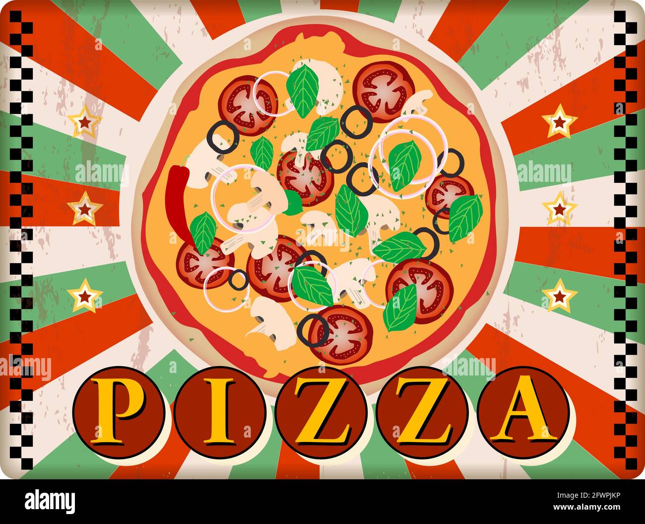 pizza nostalgique vintage et affiche de restauration rapide, illustration vectorielle, œuvres d'art fictives. Illustration de Vecteur