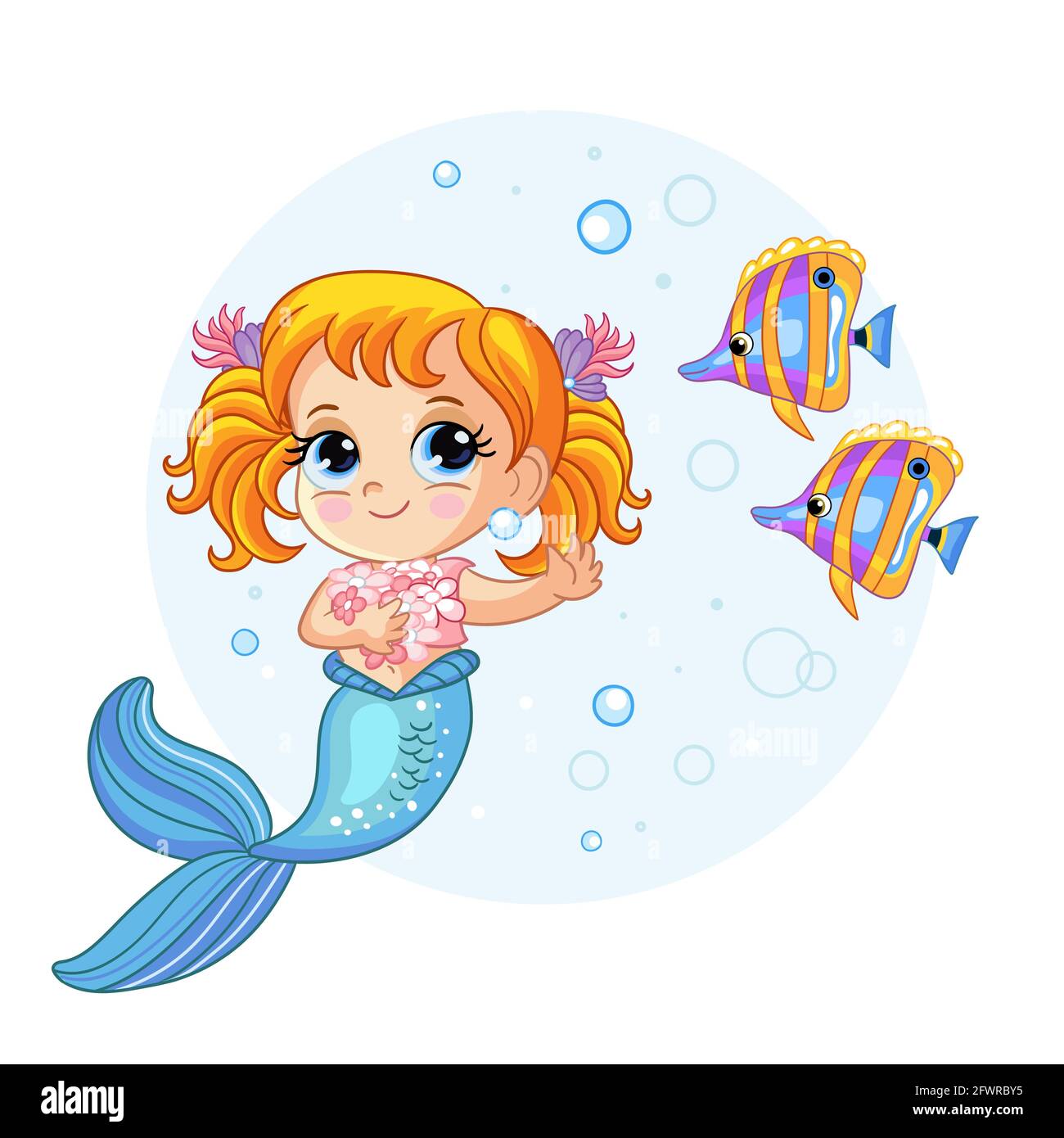 Mignon jolie jeune sirène dit bonjour à de beaux poissons. Personnage de dessin animé. Illustration vectorielle isolée. Pour la composition, l'impression et le design des tee-shirts, Illustration de Vecteur