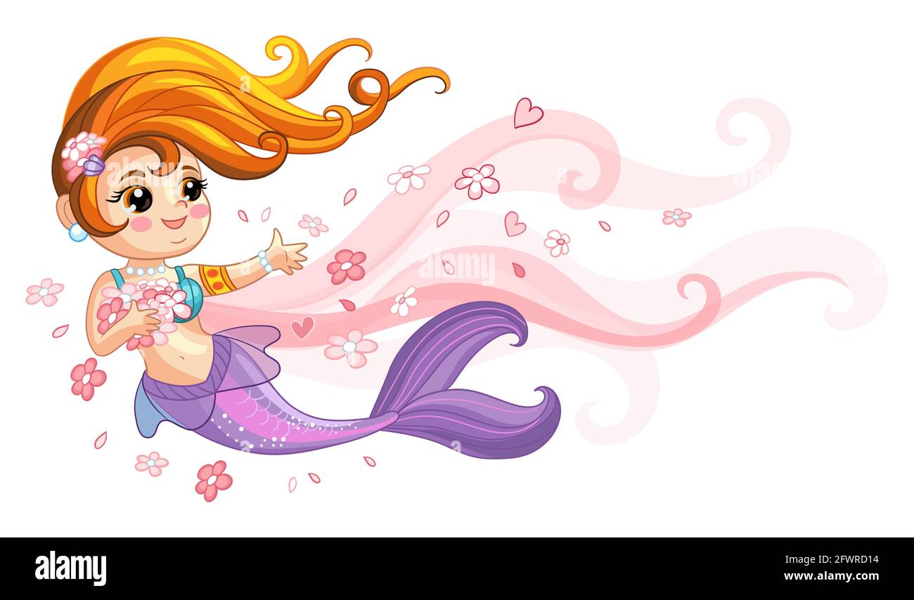 Mignon romantique jolie jeune sirène avec conte violet et fleurs. Personnage de dessin animé. Illustration vectorielle isolée sur fond maine. Pour t-shirt, pri Illustration de Vecteur