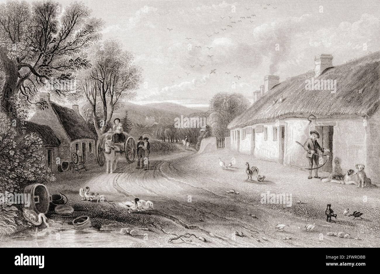 Robert Burns's Cottage, Alloway, South Ayrshire, Écosse. Robert, ou Rabbie Burns, 1759 - 1796, poète national d'Écosse. Après une œuvre de David Octavius Hill. Banque D'Images