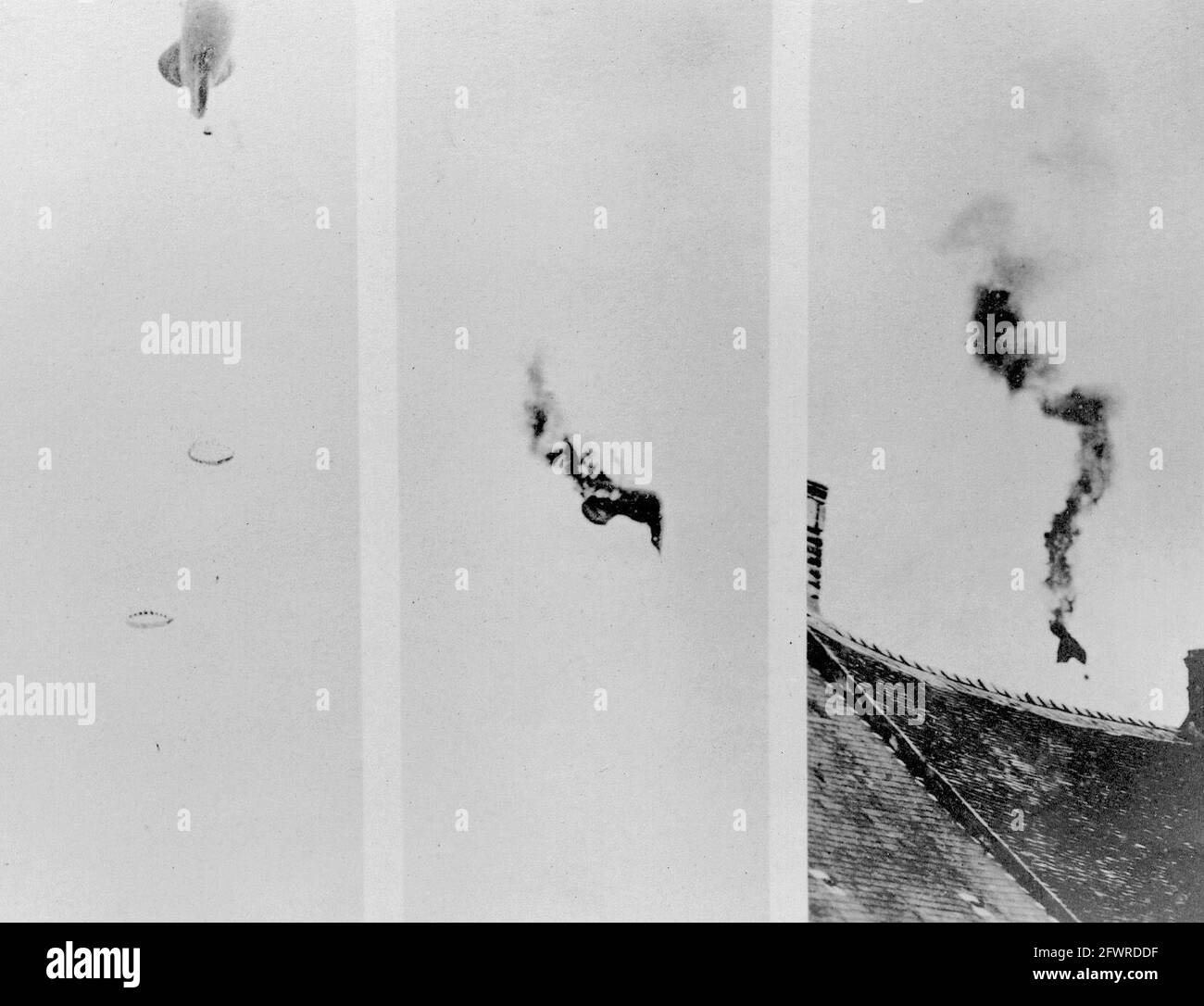 Un ballon d'observation américain ayant reçu des coups directs d'un avion allemand pendant la première Guerre mondiale. La photo de gauche montre les deux observateurs descendant en parachute; la photo du centre montre le ballon en flammes, et celle de droite, il plonge au sol. Banque D'Images