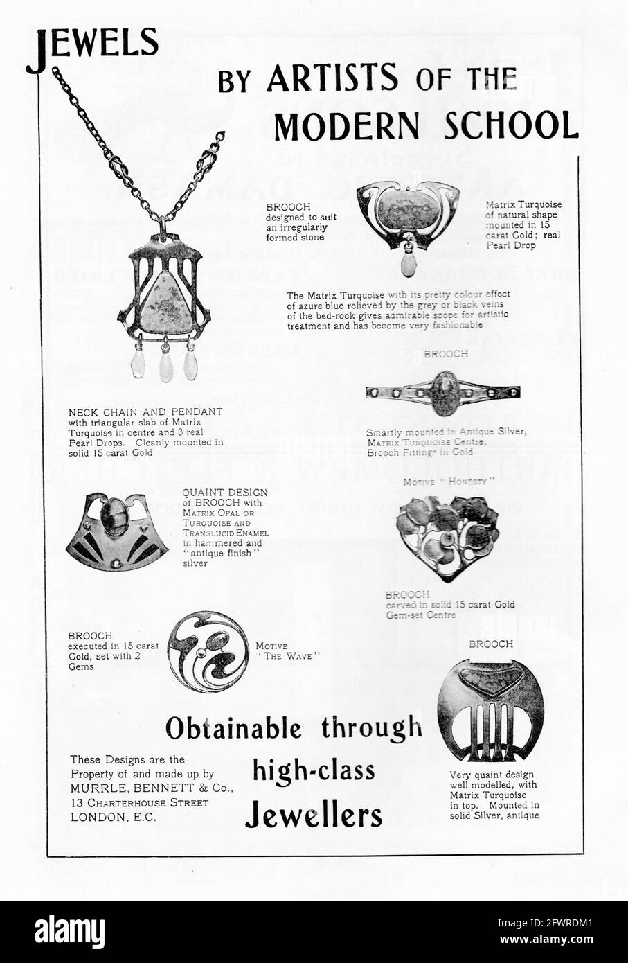 « Jewels by Artists of the Modern School ». 1902 publicité pour les bijoux de style Arts & Crafts par Murrle Bennett & Co., Charterhouse St., Londres. Banque D'Images