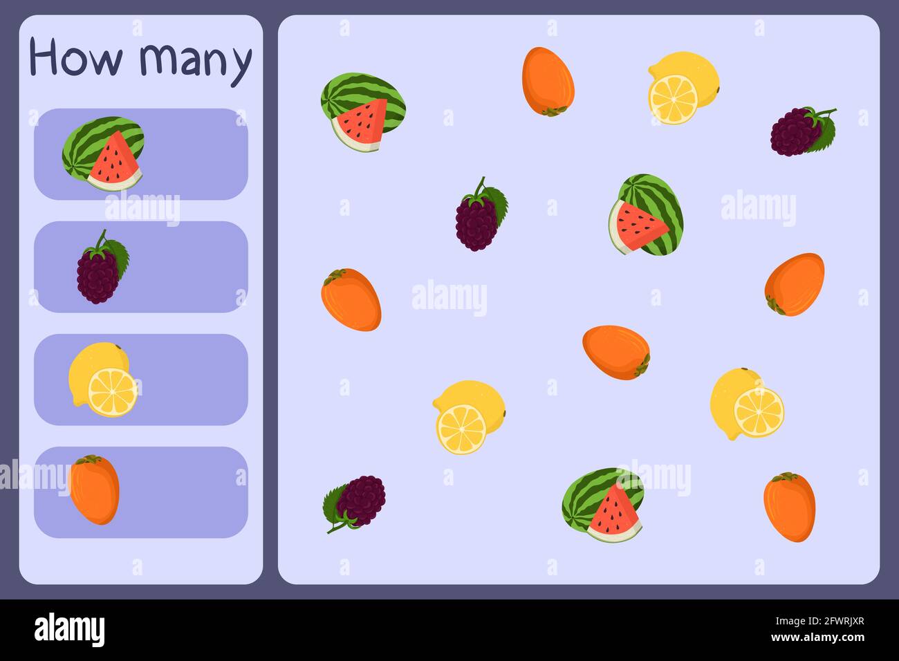 Mini jeu mathématique pour enfants - comptez combien de fruits - pastèque, blackberry, citron, persimmon. Jeux éducatifs pour enfants. Modèle de dessin animé sur fond coloré. Graphique vectoriel. Illustration de Vecteur